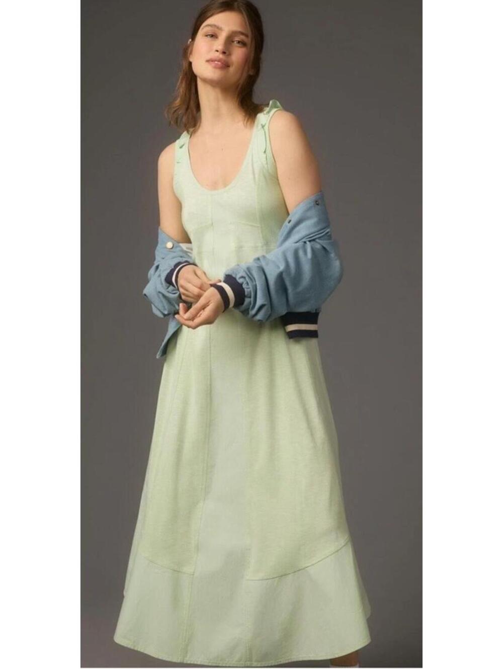 Anthropologie Daily Practice Maxi Dress Green Back Detail Cotton Size XLP